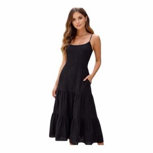 Joie Black Linen-Blend Tiered Midi Dress. Size 14.